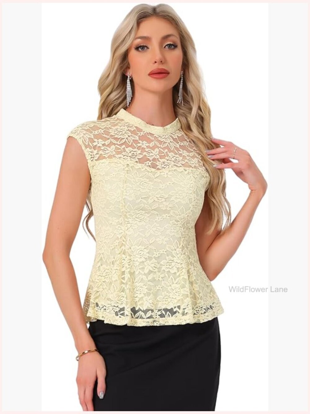 Mock Neck Peplum Blouse Crochet Lace Keyhole Back Short Sleeve